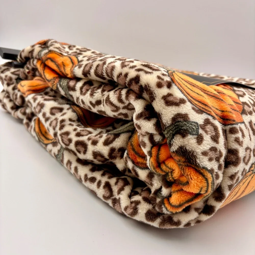Monica Benavidez Autumn Velvet Plush Throw Blanket Leopard Pumpkin Oversized